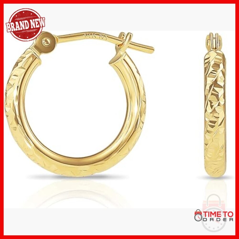 14k Yellow Gold Diamond-Cut Hoop Earrings, 14mm Round, Click-Top Closure